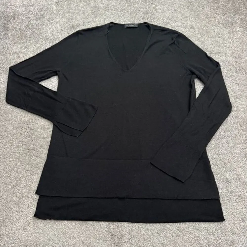Zara Knit V-Neck Hi-Lo Pullover Sweater Womens Large Black Acrylic Blend Stretch